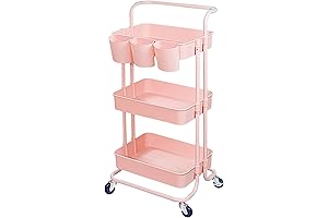 3-Tier Multifunction Pink Rolling Cart Storage Shelves