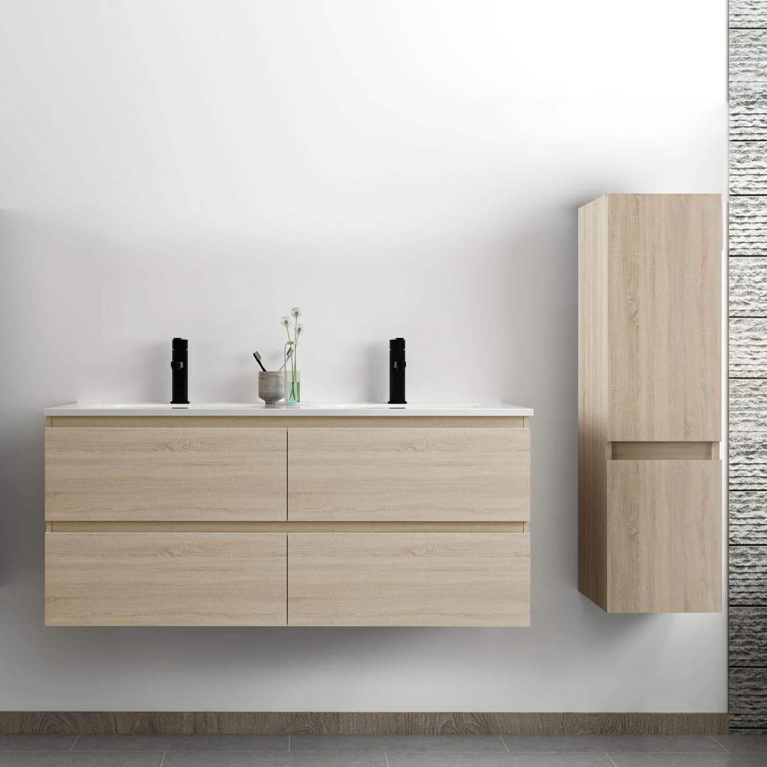 AICA Ensemble Salle de Bain Mural Meuble Double Vasque 120 cm avec Colonne