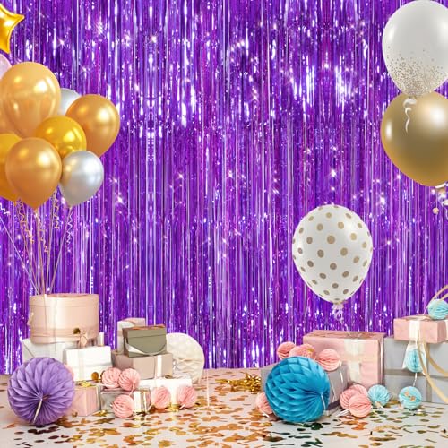 Image of GCB 2Pack Purple Metallic Tinsel Foil Fringe Curtains, Door Streamers Photo Booth Backdrop for Birthday Party Wedding, Purple Curtain Backdrop for Baby Shower Bachelorette Christmas Party Decorations