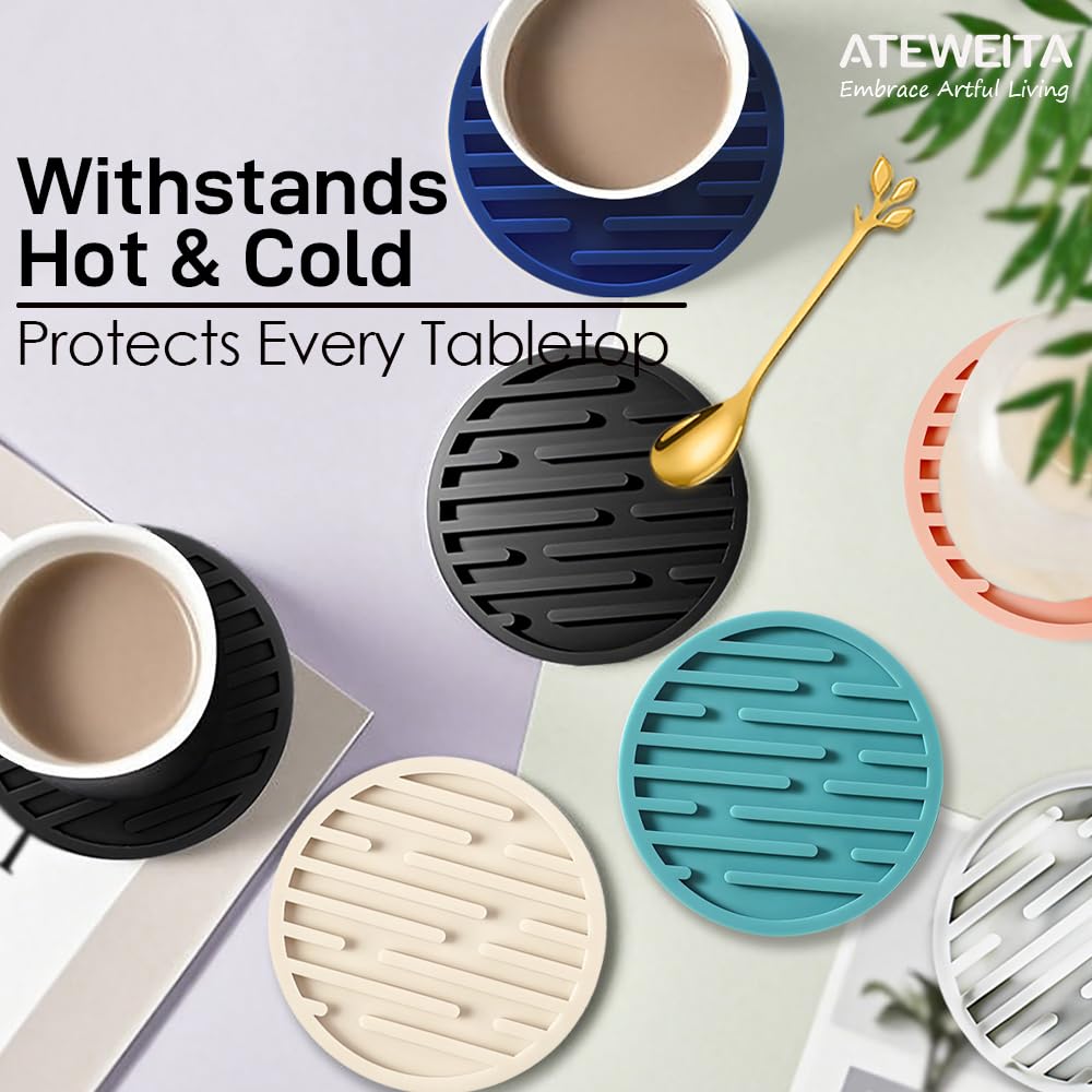 Posavasos Juego, Redondo Antideslizante Portavasos con Soporte, Silicone Coasters para Taza, Mesa, café, Bar, Bebidas, Drinking Coasters Cup Mat, 6 Piezas, Negro