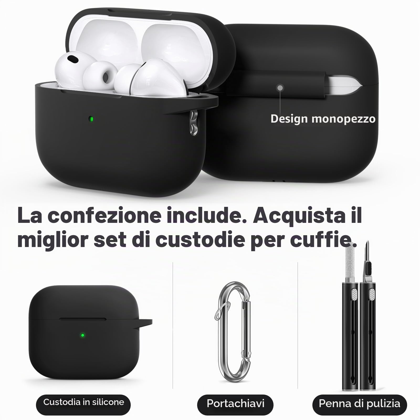 Inesore Hülle für AirPods Pro 3 (2025), Silikon-Schutzhülle mit Reinigungsset, Schwarz