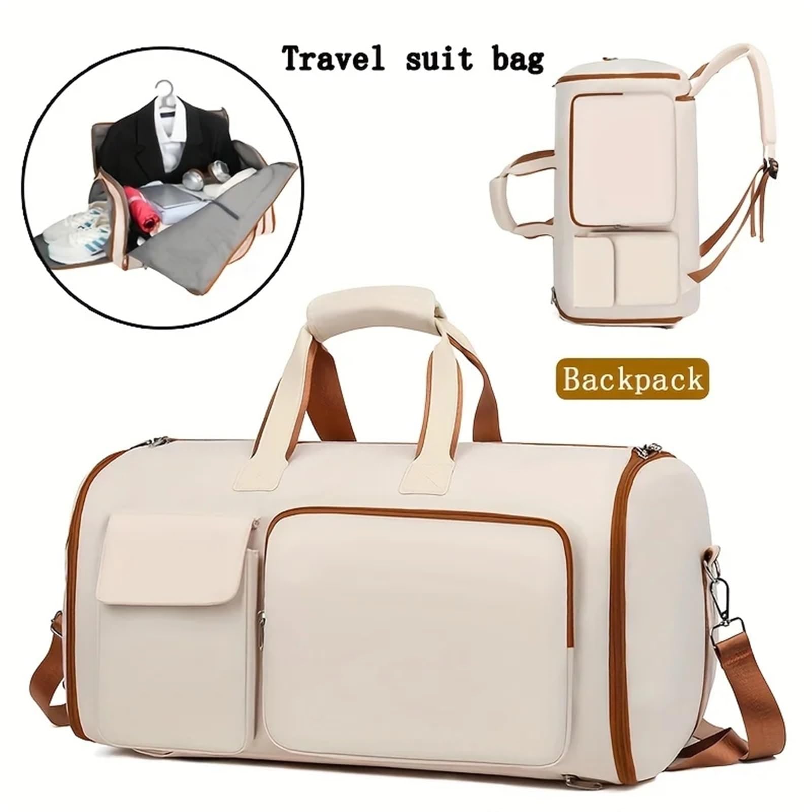 Porta Abito Borsa da viaggio in nylon di grande capacità con separazione tra asciutto e bagnato, tracolla, copertura con tirante - Multifunzionale(White)