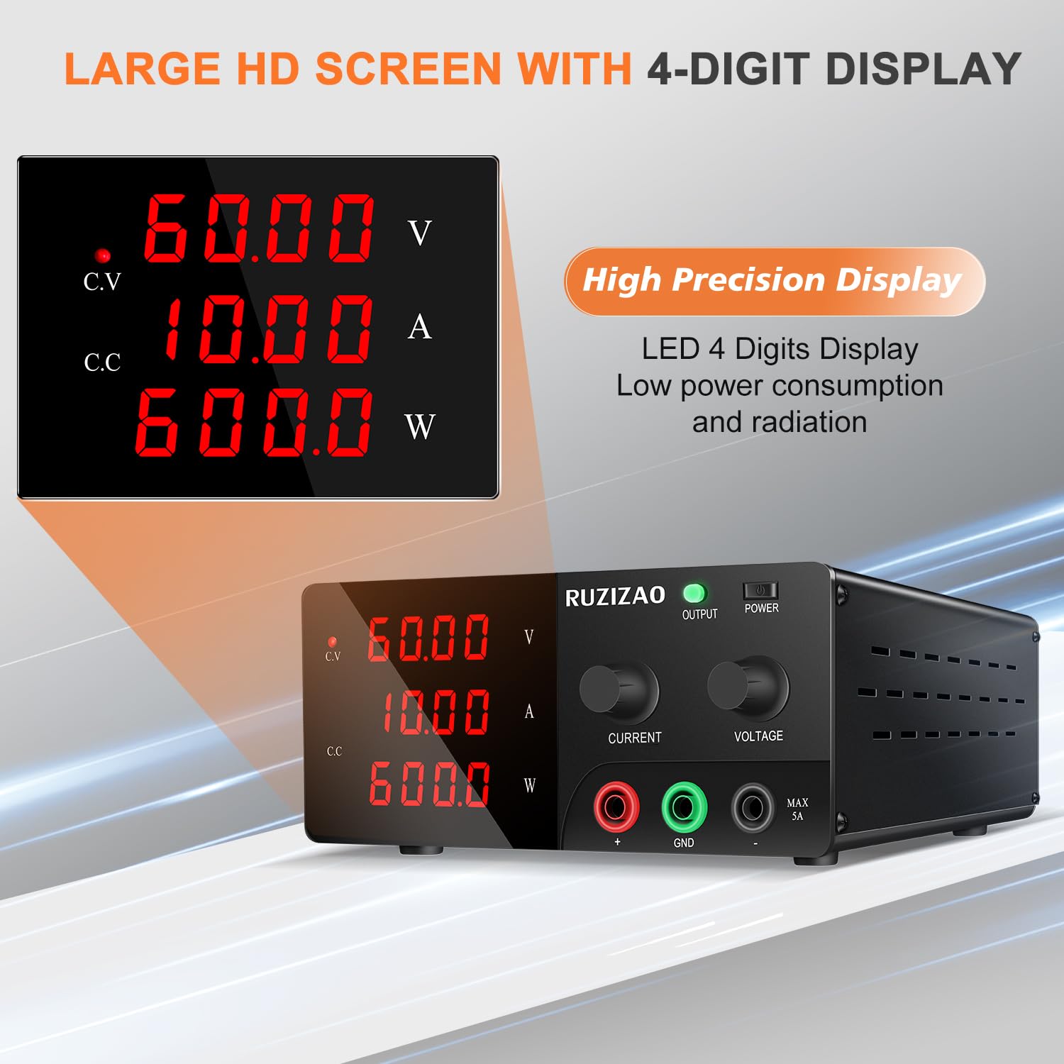 Alimentatore da Banco 60V 10A 600W Alta Potenza Alimentatore da Laboratorio con OUTPUT/Encoder, Alimentatore Regolabile con Display LED a 4 Cifre e Uscita Stabile per Automazione/Batterie Test