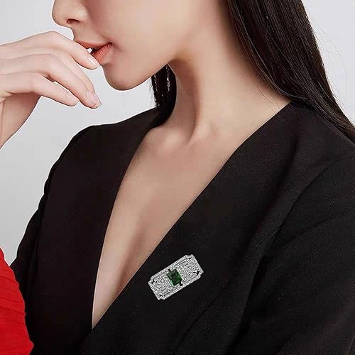 Miniatura 3 de Broche rectangular de circonita cúbica verde bohemio para mujer, chapado en plata, delicado piedra natal esmeralda, vintage, filigrana, broches