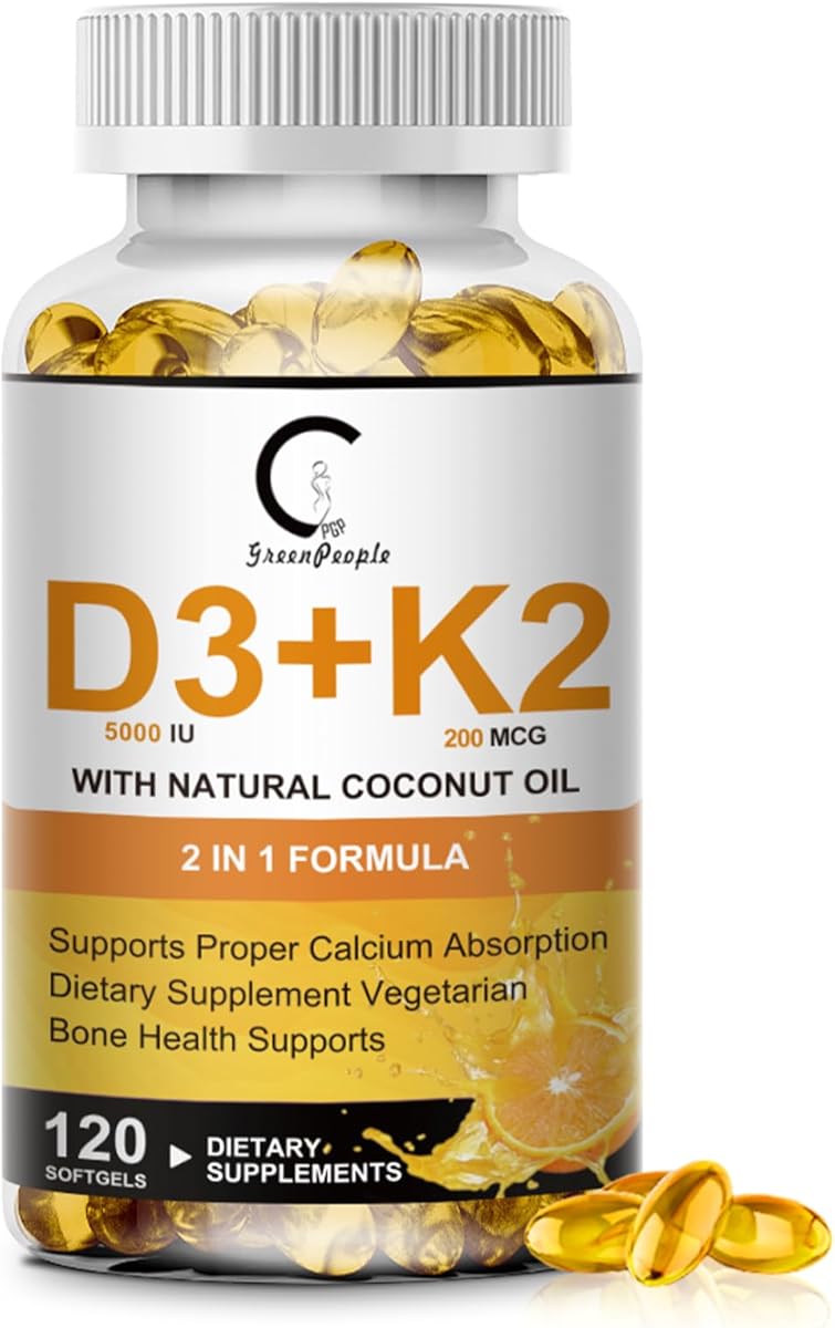 Vitamin D3 K2 Supplement with Vitamin D3 5000 IU, 200 mcg Vitamin K2 MK-7 & Natural Coconut Oil, Plant Based 2-1 Formula for Bone, Teeth, Muscle and Immune Health Support,120 Softgel Capsules