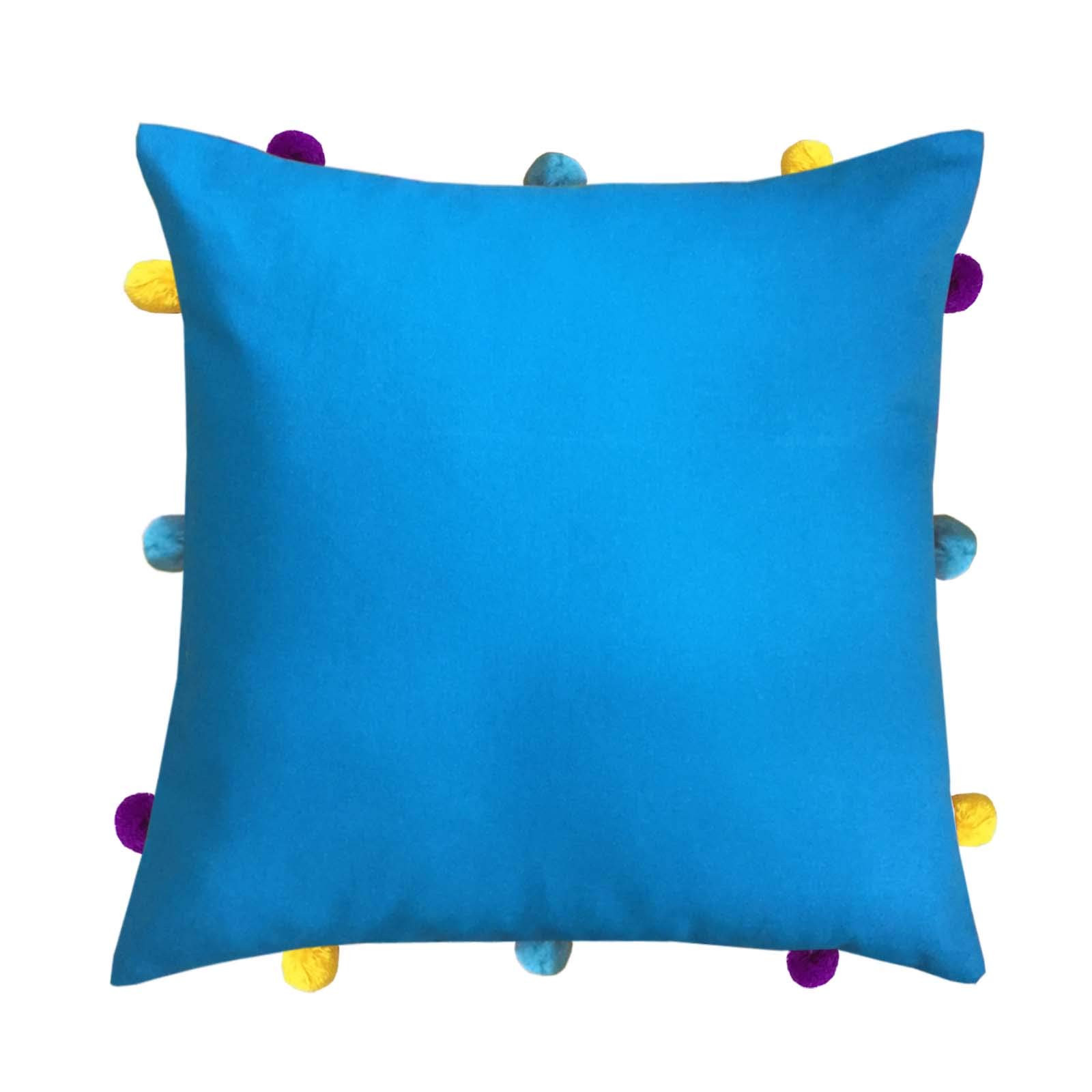 Lushomes Pink Cushion Cover with Colorful Pom poms (Single pc, 24 x 24”) (Blue, 12 X 12)