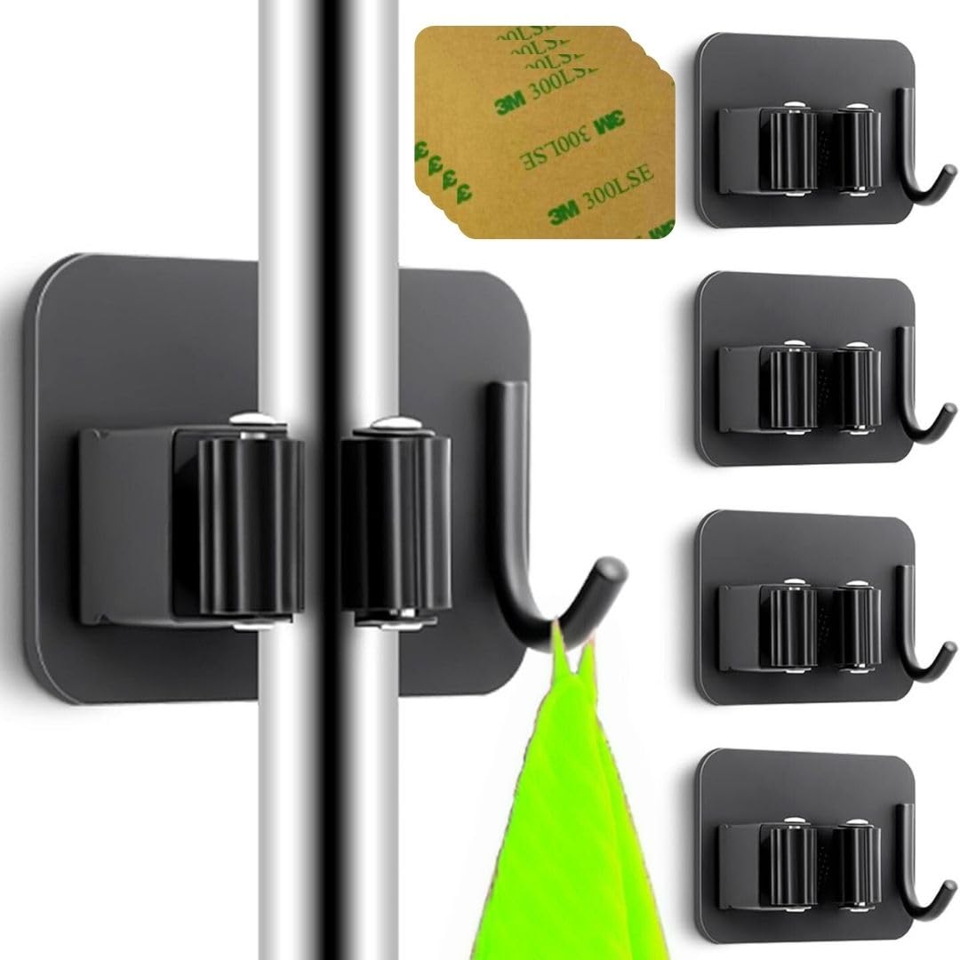 Set 4 Colgadores Escoba y Fregonas Adhesivo, Organizador y Soporte escobas Pared adhesivo, Cuelga y Sujeta Escobas, Escobero pared - Porta Fregona para Colgar Escoba y Fregonas (Negro)
