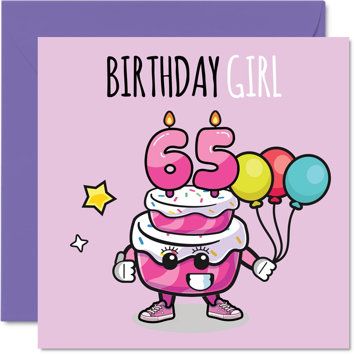 65th Birthday Cards for Women, Birthday Cake Girl Balloons