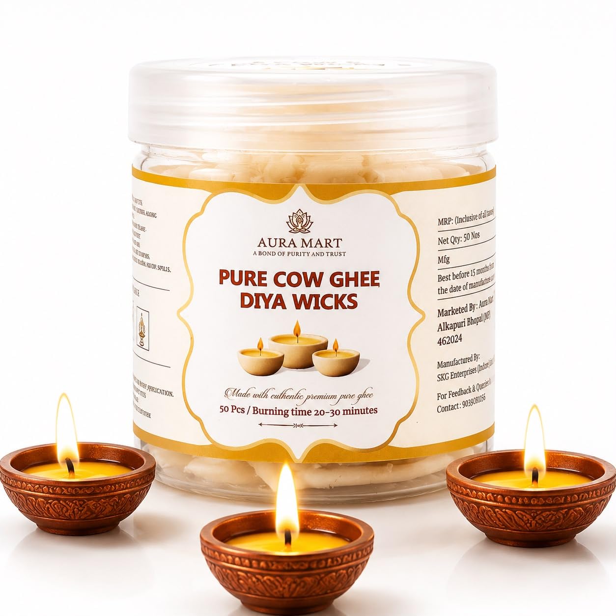 Pure Cow Ghee Diya Wicks | Ready-to-Use Handmade Cotton Diya Batti | Long Burning, Low Smoke, Natural Pooja Deepam Wicks for Daily Puja, Diwali, Temple & Religious Ceremonies (50 Pieces)-image-10
