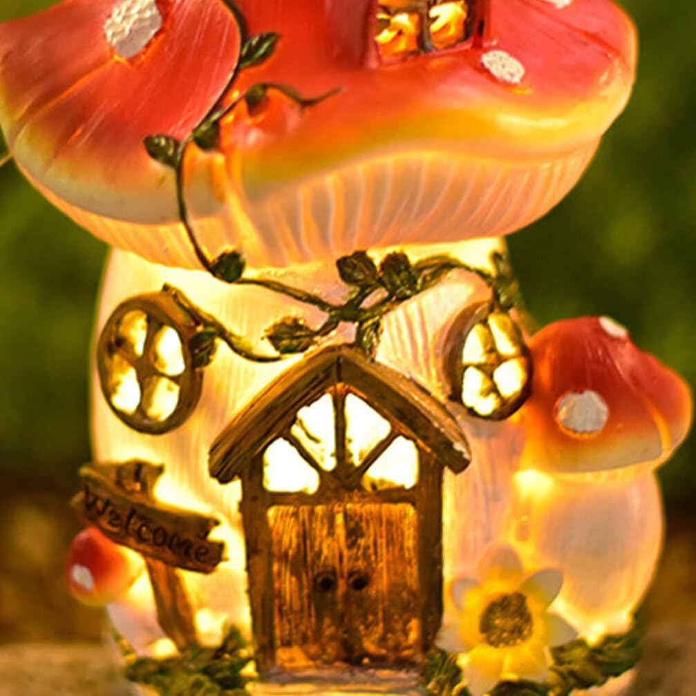 BESPORTBLE Mushroom House Lamp Solar Light Outdoor Garden Decor Resin Mushroom House Figurine for Lawn Ornament Weather Resistant for Pathway Patio Lighting
