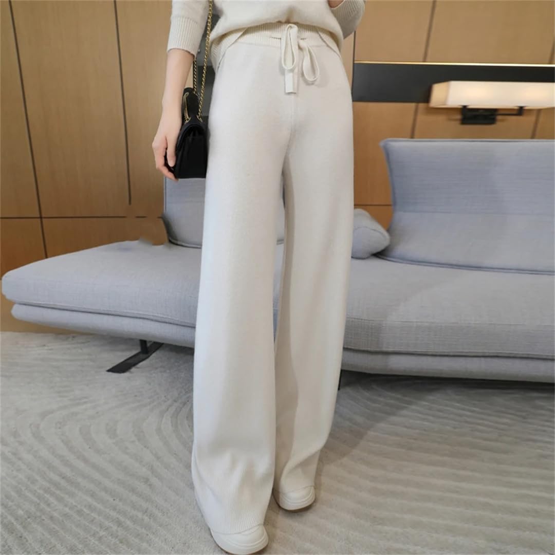 Pantaloni invernali da donna in lana lavorata a maglia, a gamba larga, a vita alta e pantaloni larghi in lana, Beige, M