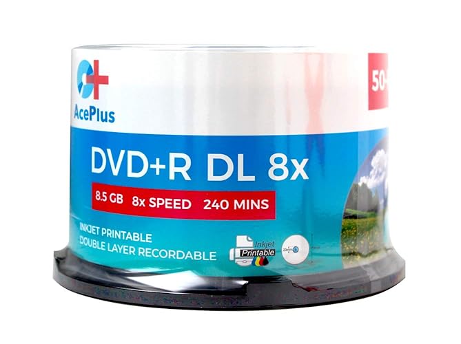 AcePlus 50-pk DVD+R Dual Layer White Inkjet Hub-Printable Discs with 8X Recording Speed and 8.5 GBS of Storage in Cakebox Spindle