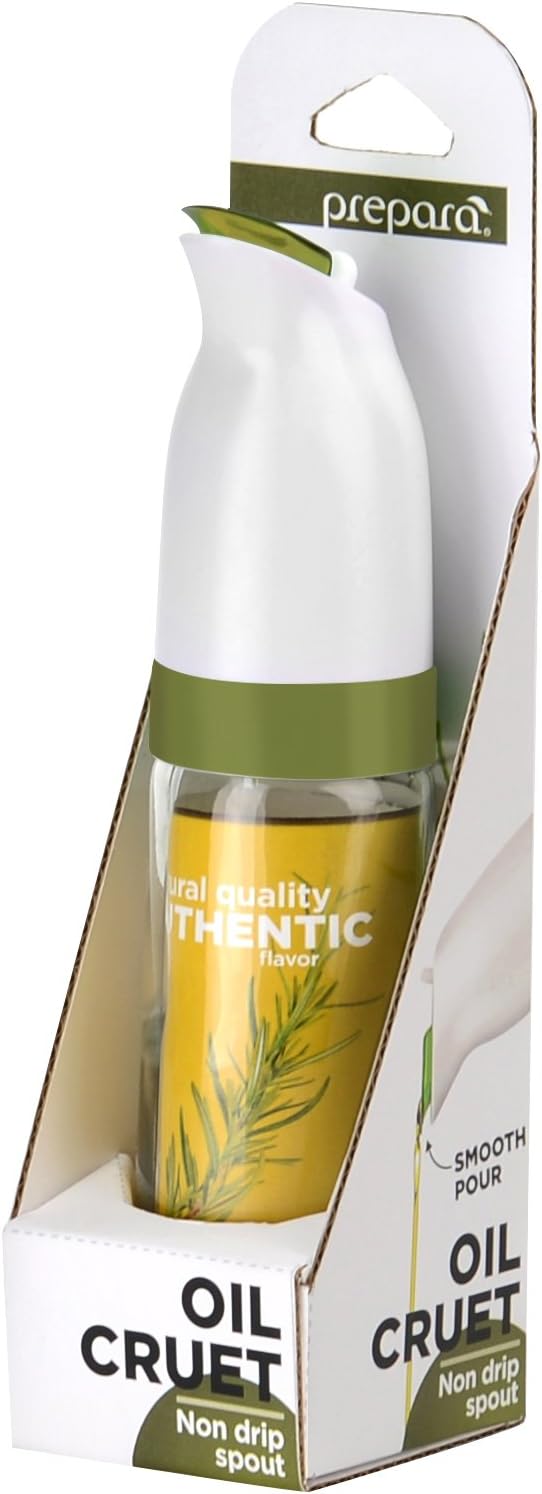 Prepara Non-drip Oil Cruet, Glass Base, 2.5 x 2.5 x 6.3 inches, White/Olive Green Prepara Non-drip Oil Cruet, Glass Base, 2.5 x 2.5 x 6.3 inches, White/Olive Green