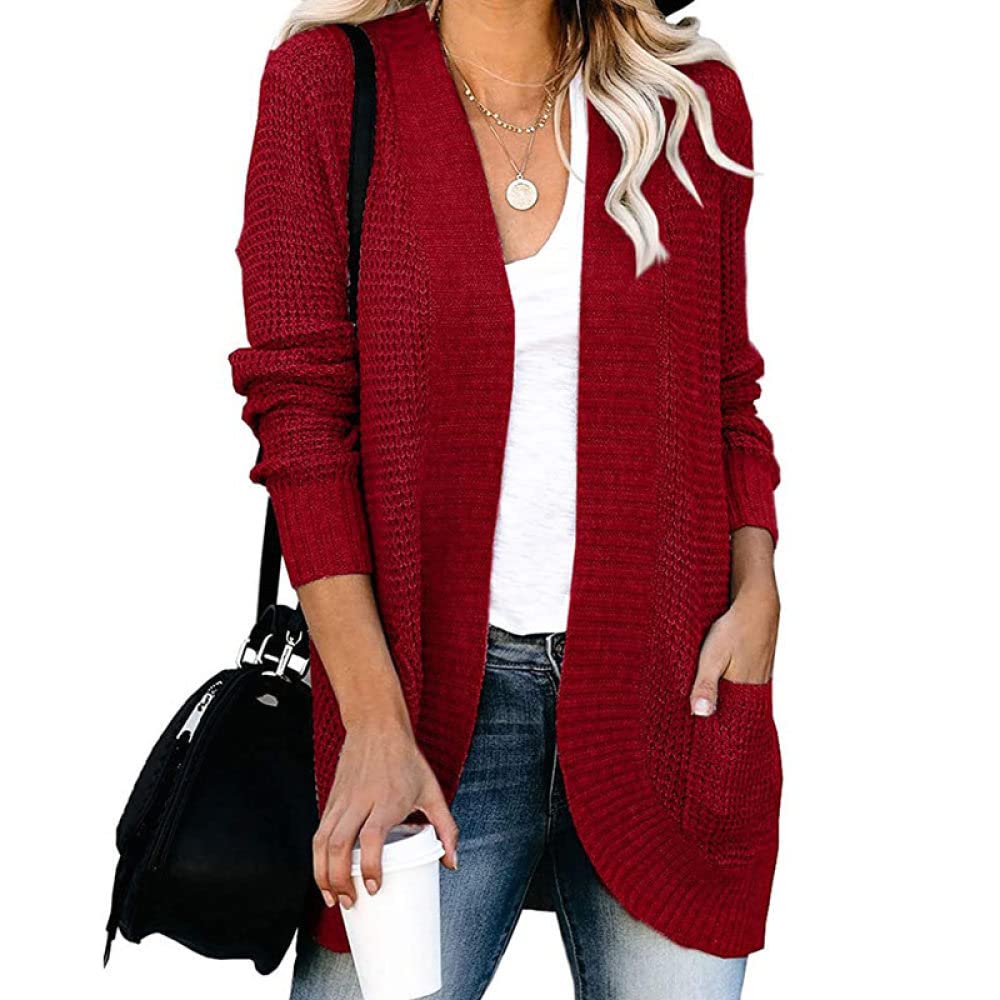 HGJH Strickjacke Damen, Damen Strickpullover Offen Mittellang Strickjacke Waffelstrick Kimono Grob Einfarbig Bordeaux Strickjacke Weich Elegante Herbst Leichte Jacke Für Lässiges Business