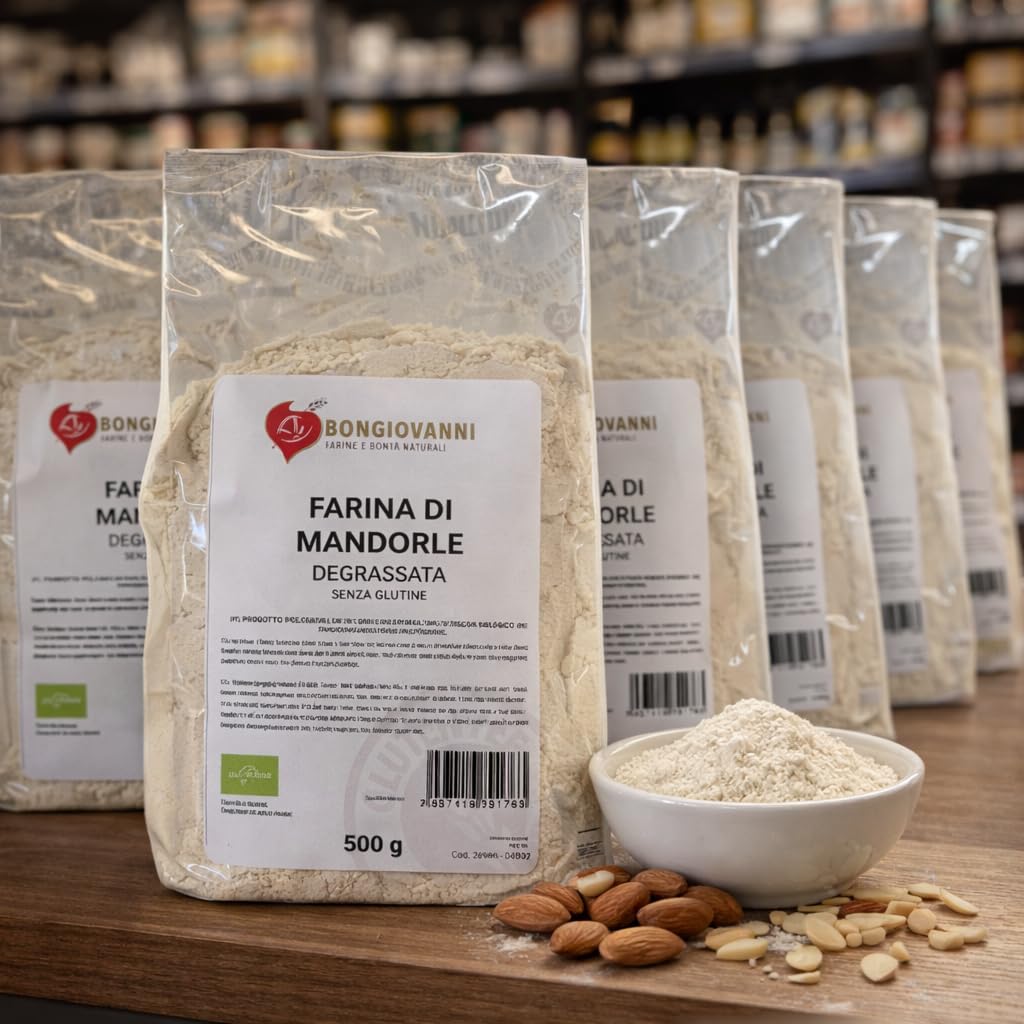 BONGIOVANNI Farine e Bontà Naturali Farina di Mandorle Degrassata Bio Senza Glutine 500 g – Gusto Leggermente Fruttato e Delicato