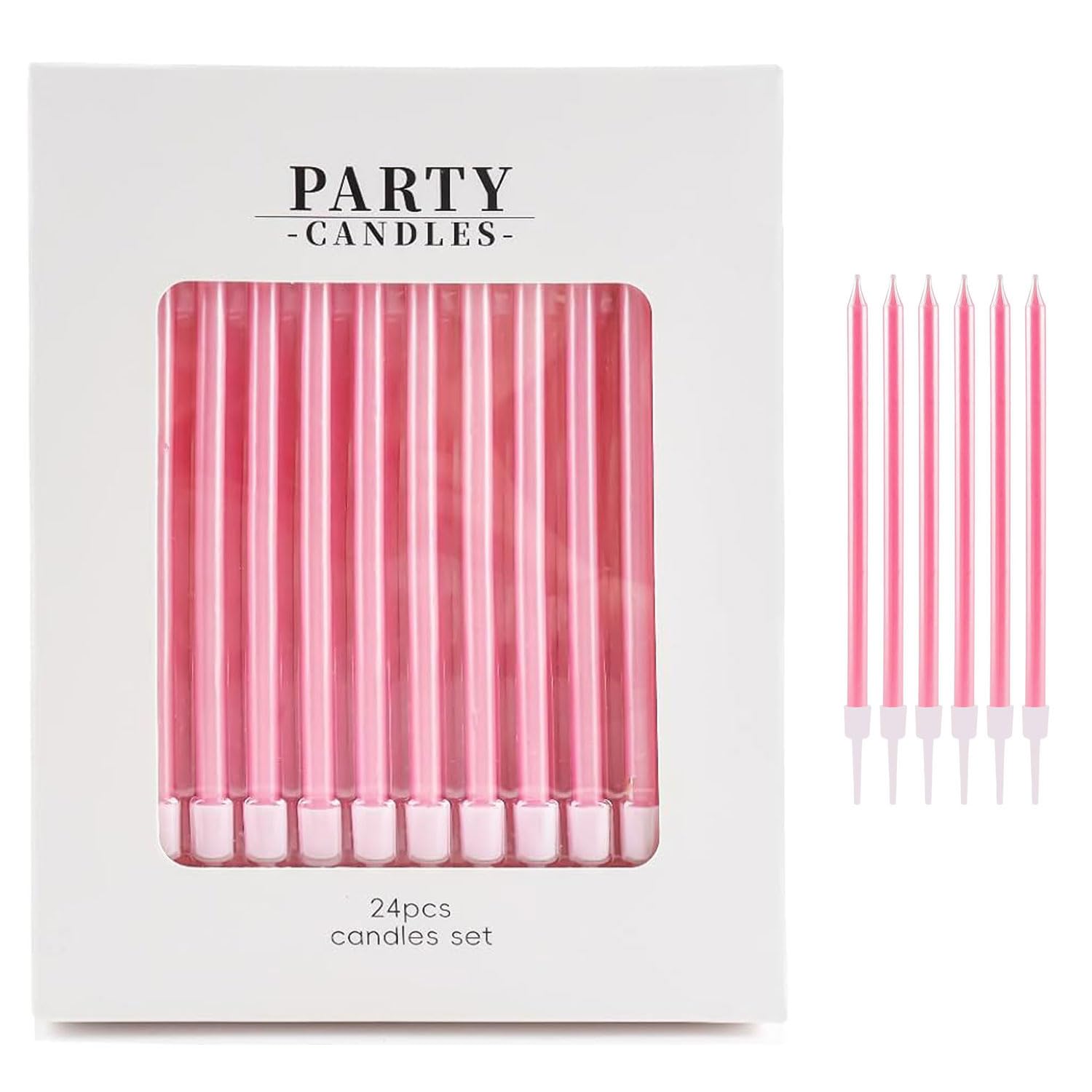 Set of 24 Long Birthday Candles,Including a Candle Holder,Beaded Cake Candles,Elegant Cake Decorations,Suitable for Birthdays,Weddings and Coming-of-Age Parties (Pink)