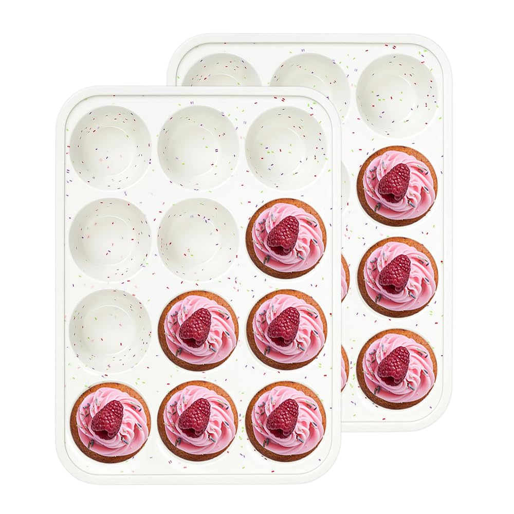 Silikon-Muffinform, antihaftbeschichtet, für 12 Cupcakes, mit metallverstärktem Rahmen, leicht zu lösen, Backformen, perfekt für den Ofen, 2 Stück
