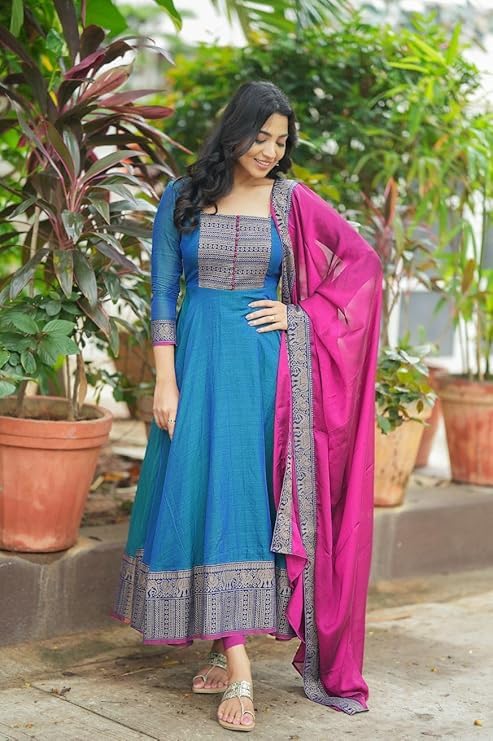 Image of Women's Vichitra Silk Anarkali Gown with Dupatta, Pink, Jacquard Zari Weaving, Designer Party Ethnic Wear
