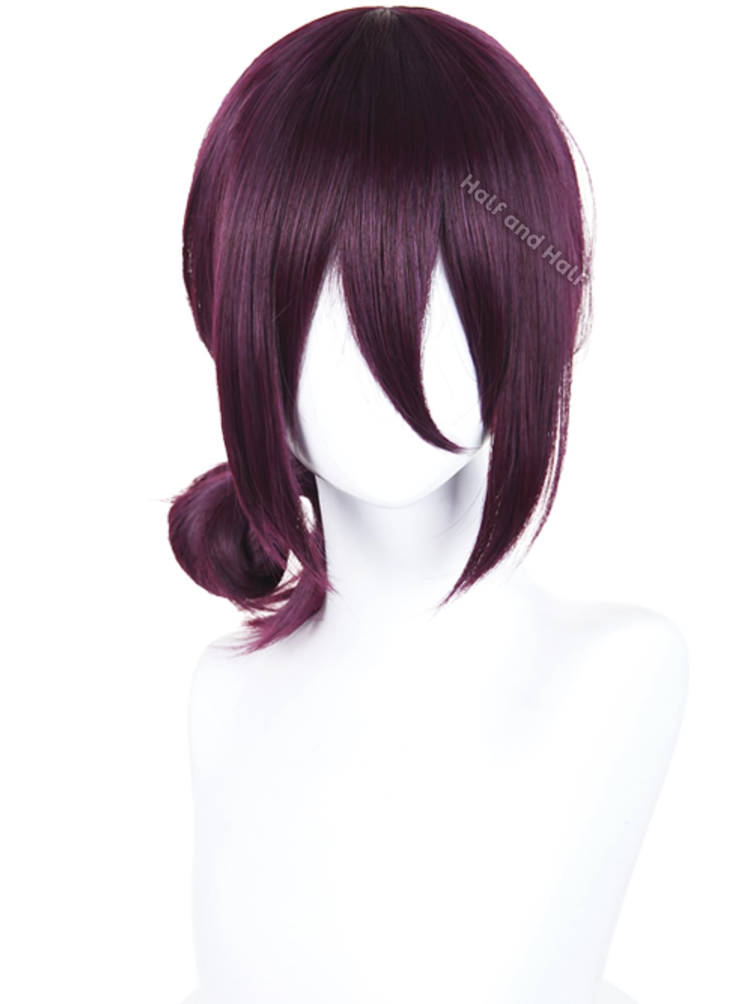 Half and Half Reze Cosplay Wig Dark Purple Anime Cosplay Short Wigs with Bangs & Bun Deep Grape Purple Female Wig for Halloween Party Women Costumes Purple Reze