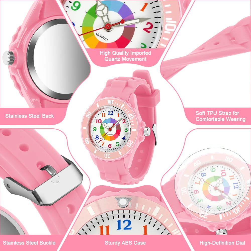OSDUE Reloj de Aprendizaje para Niños, Impermeable Fácil de Leer Relojes de Pulsera con Correa Suave, Reloj de Pulsera Analógico para Niños Niñas Regalo de Cumpleaños Partir Esfera Colorida