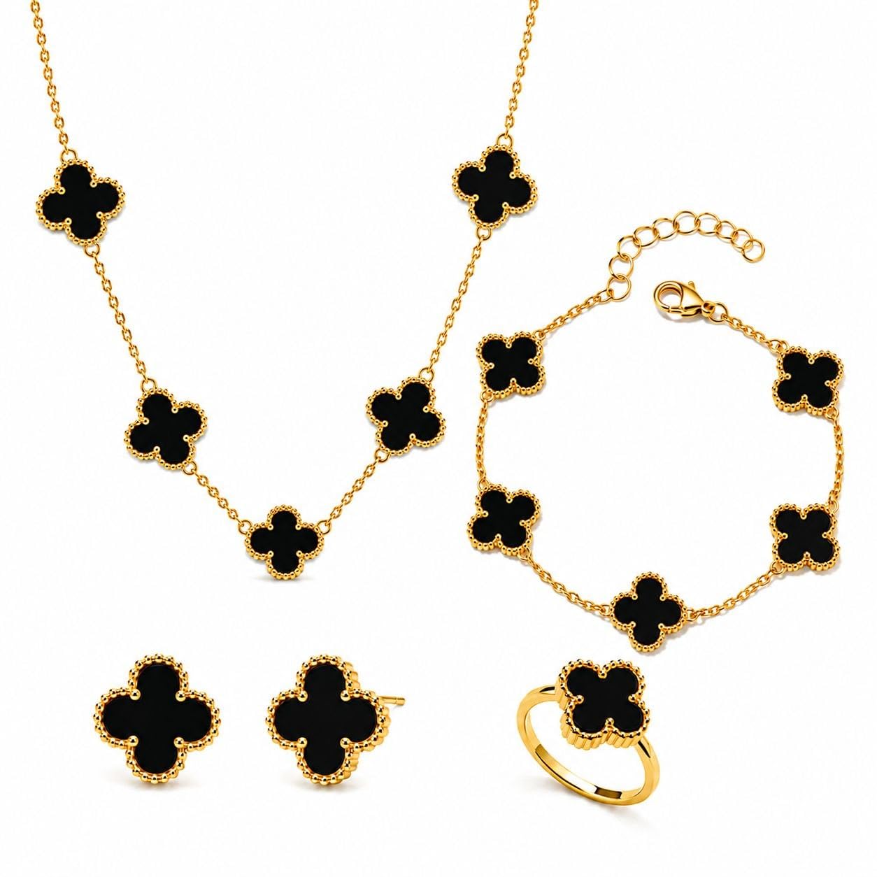 Black Clover Jewellery Set for Women & Girls | Stainless Steel Gold Plated Anti Tarnish Necklace Bracelet Ring Earrings Combo | Lightweight Trendy Floral Design Jewelry Set-image-12