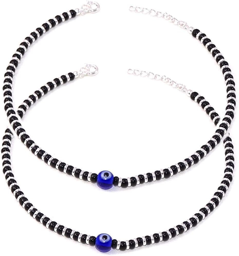 DARSHRAJ 925 Sterling Silver Evil Eye Ball Nazariya Anklet For Girls & Women (Payal), Free Size, (Weight- 12GM), Standard, Silver