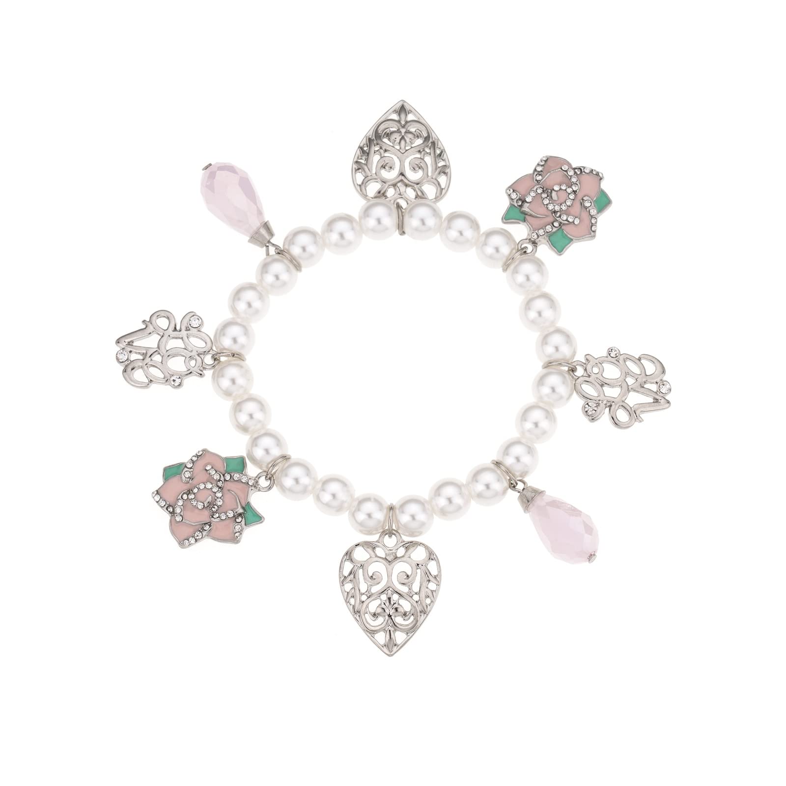 Madison TylerMadison Tyler Valentines Day Charms Gold Plated Rose Bracelet for Women | Pave Rhinestone Heart | Red Rose Imitation Pearl Charms Jewelry for Her | Couples Gifts Valentine's Day