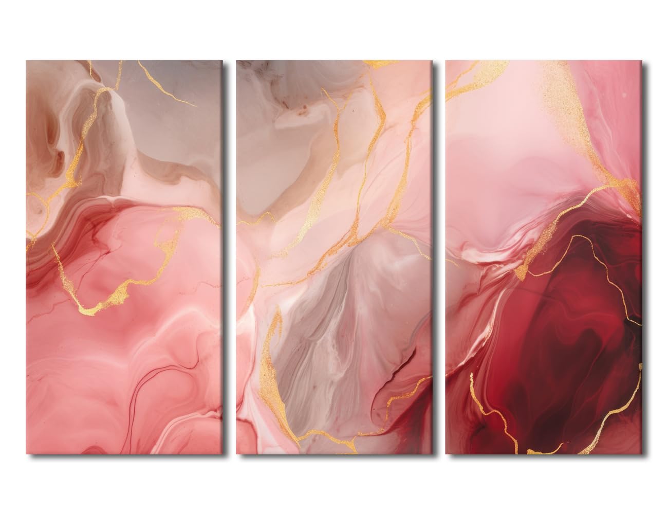 TISHIRON 3 Pieces Framed Canvas Print Abstract Pastel Pink Marble Alcohol Ink Wall Art Abstract Shapes Illustration Golden Glitter Splash for Living Room, Bedroom, Office - Ready to Hang 60" Wx40 H