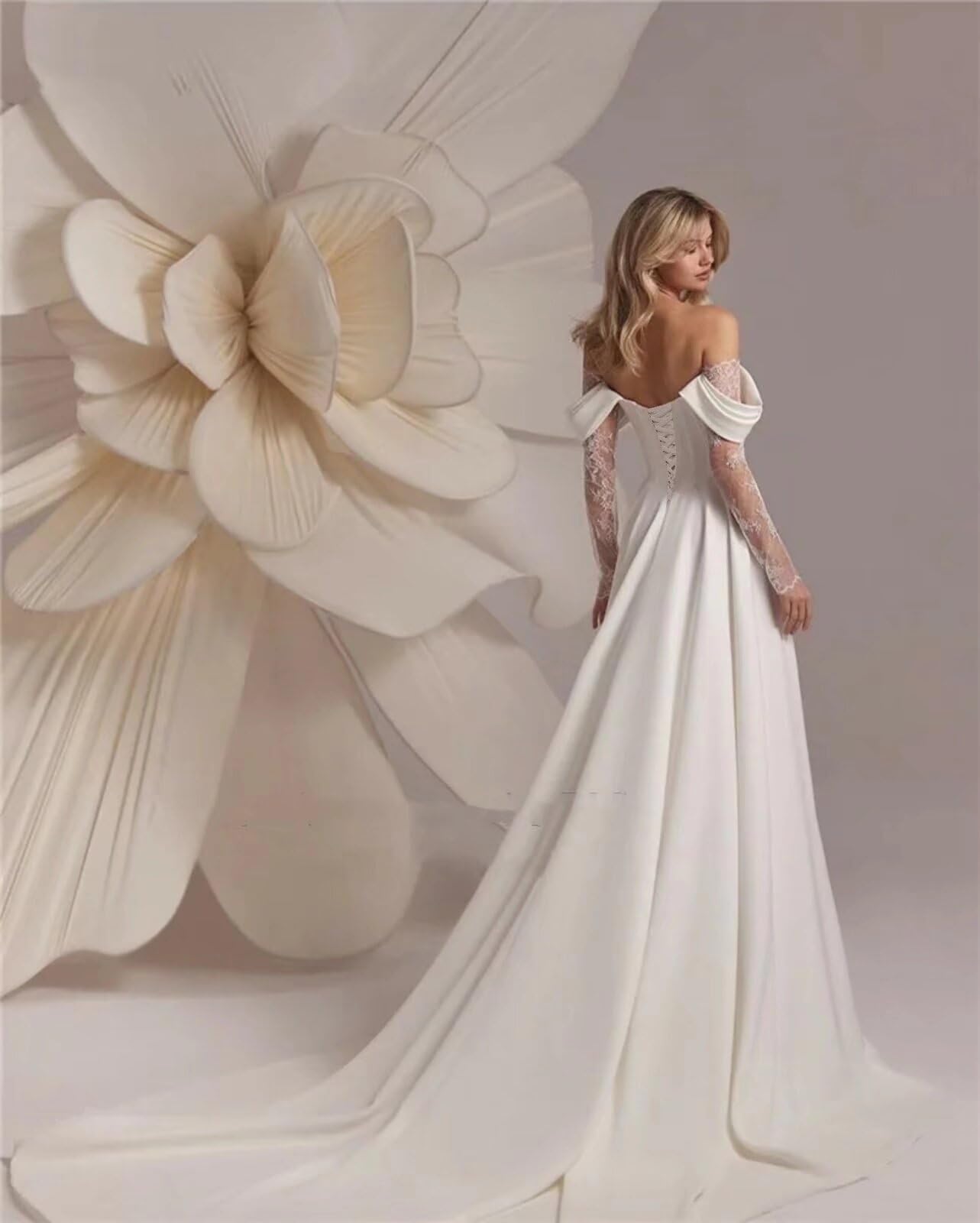 HUINI Damen Schulterfreies Brautkleid mit Schleppe Satin Spitze Langarm A-Linien Korsett Hochzeitskleid