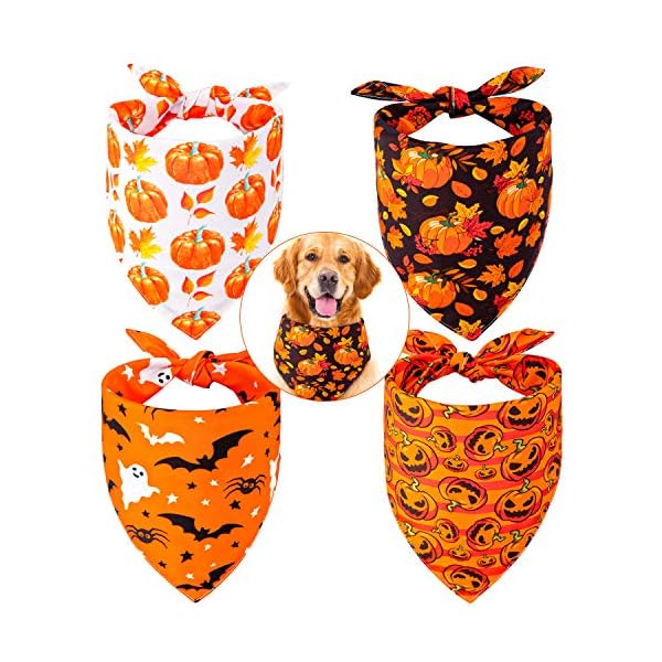 Whaline 4 pack autumn dog bandanas reversible halloween fall triangle bibs pumpkin ghost bat pet scarf washable cotton pet neckerchief for medium large pets cats dogs