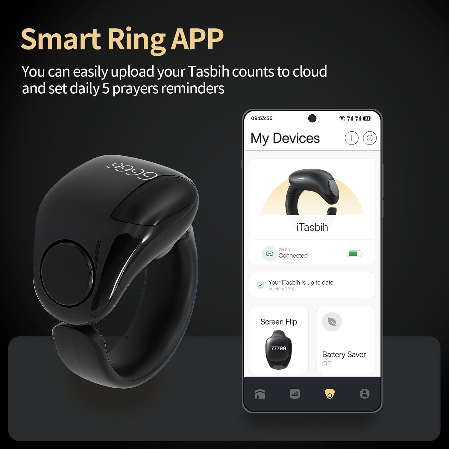 Zikr Smart Ring,Adjustable Ring Finger Counter, Tasbeeh Counters, Prayer Direction Indicator Guide,5 Azan Alarm Clock, APP Support Eid al-Fitr Eid al-Adha Ramadan Gift for Muslims (Black -20mm&22mm)