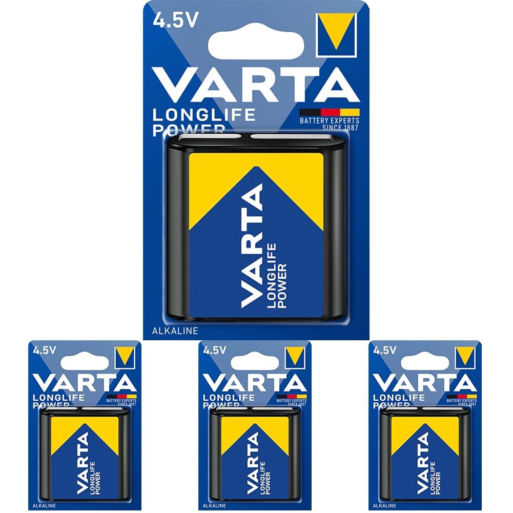 VARTA Pilas 4,5V Pila Plana, Pila de Bloque, Paquete de 4, Longlife Power, Alcal