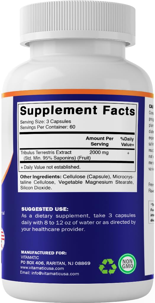 Vitamatic Tribulus Terrestris for Men - 2000 mg per Serving - 95% Saponins - 180 Vegetable Capsules - Made in the USA - Gluten Free & Non-GMO — Amazon image 8