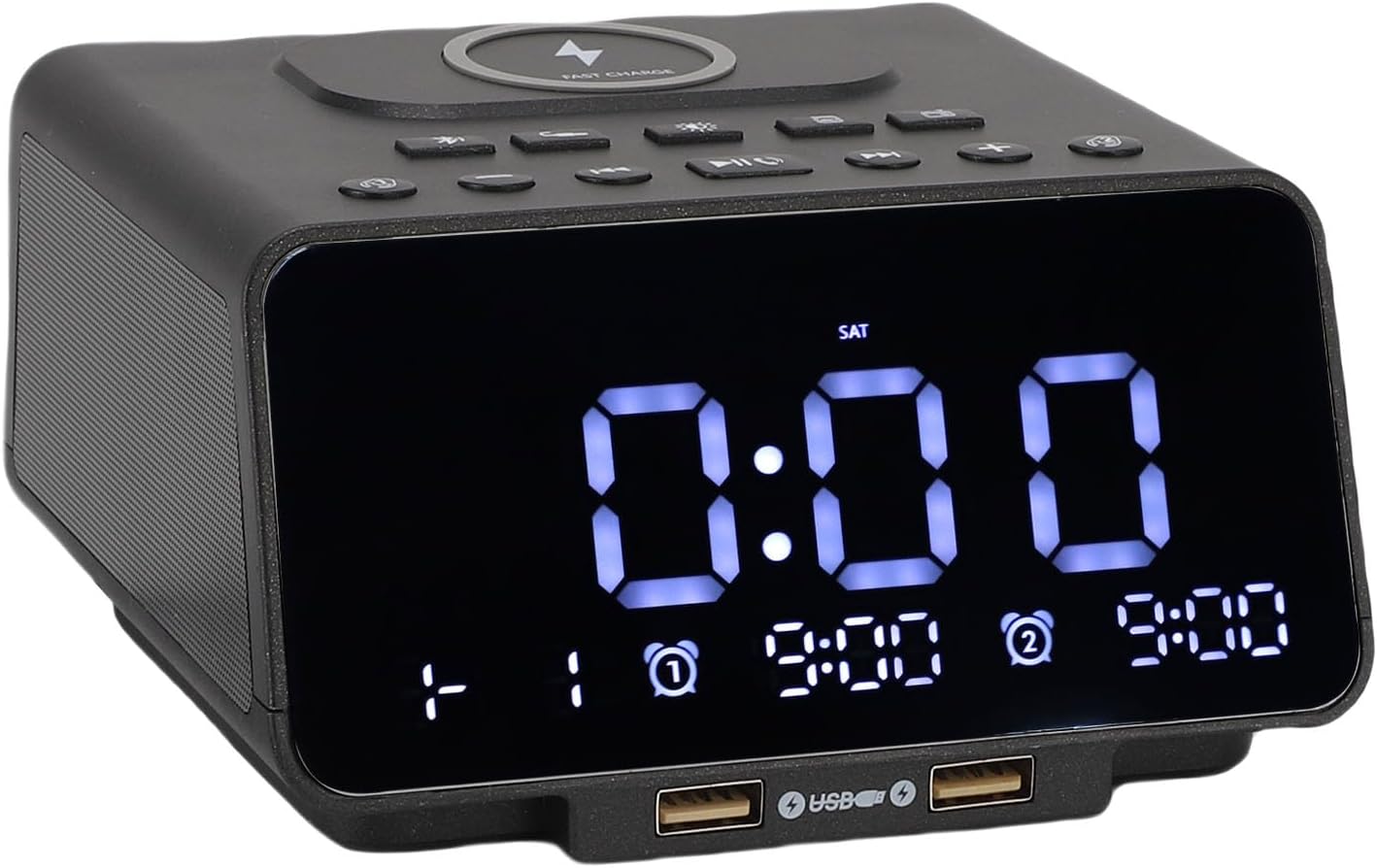 GOWENIC Radio Clock Speaker, Bluetooth Digital Alarm Clock with Wireless Charging, Double USB Ports, Stereo Sound, FM Radio, for Bedroom Office Home Use (US Plug)