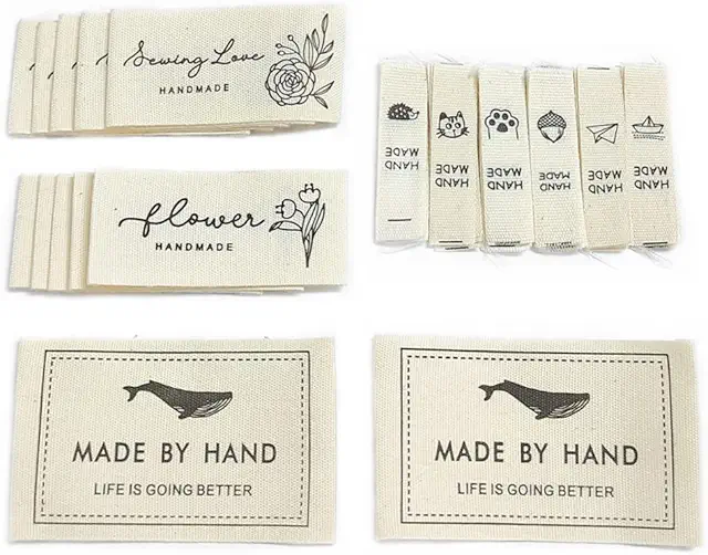 42 Étiquettes Couture en Tissu Fait Main - Lot de 9 Motifs Beige pour Vêtements DIY