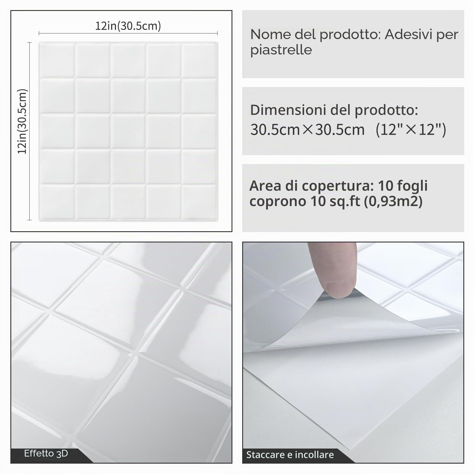 DEWOO Piastrelle autoadesive da parete, colore: bianco, 10 fogli | Quadrato, quadrato, griglia, appiccicoso, per cucina, bagno, lavanderia, lavanderia, lavanderia, lavanderia, 30,5 x 30,5 cm