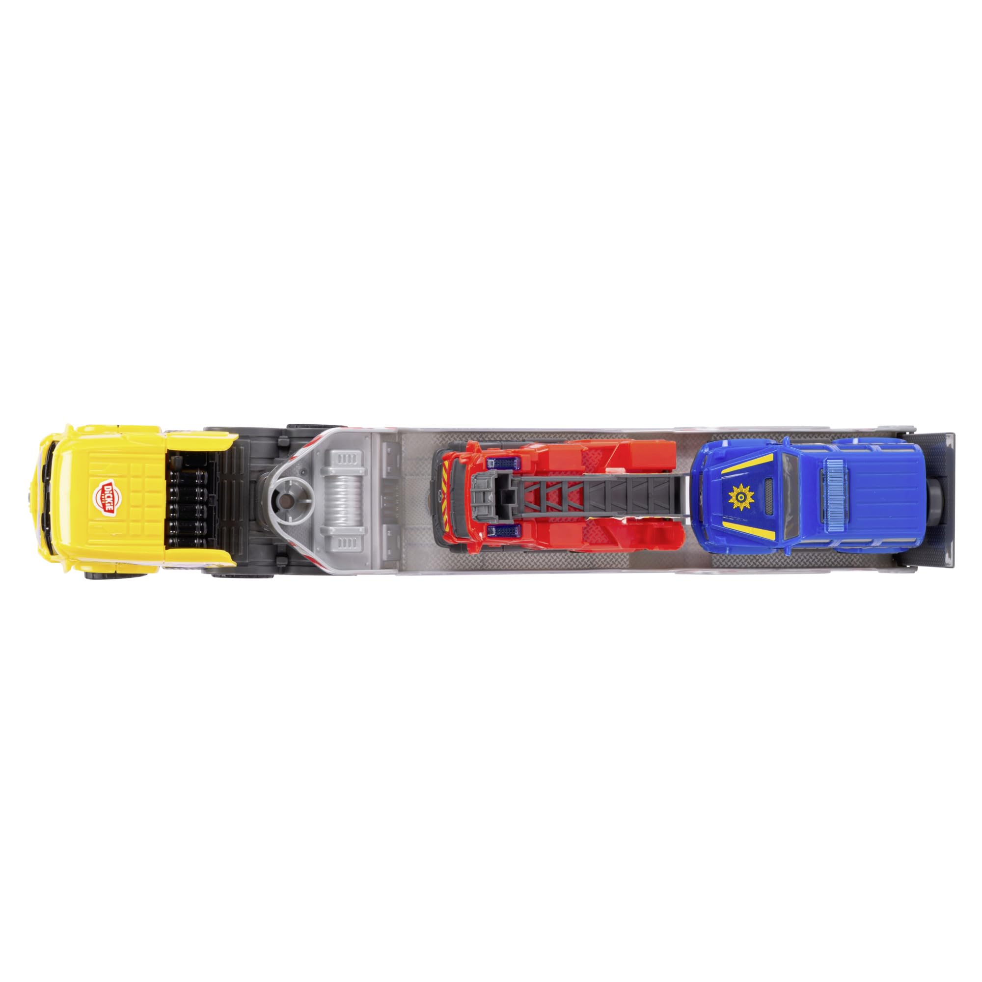 Dickie Toys 203715020 SOS Mini Laweta i 2 pojazdy na licencji Mercedes-Benz policja i straż pożarna, długość lawety 32 cm, pojazdów 9 cm, odczepiana przyczepa.