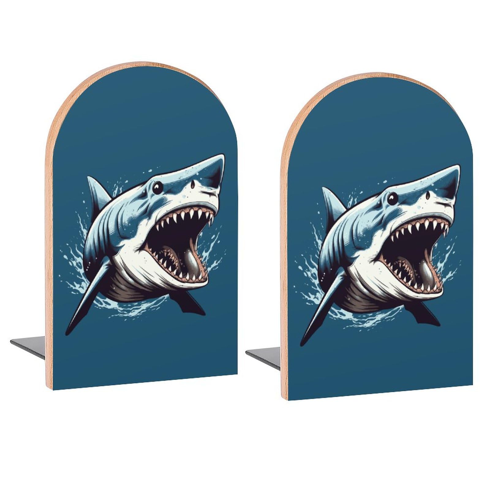 Juzgtsit Shark Mouth Cartoon Book Ends Decorative Wood Bookends For Shelves Room Desk Home Office Book Stoppers For Magazines,Books, Dvds 2 Pieces