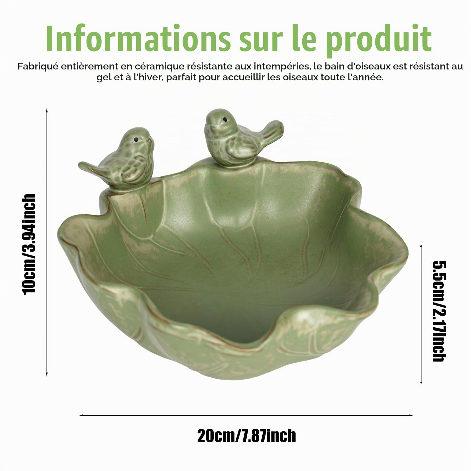 Abreuvoir à oiseaux rond résistant à l'hiver avec 2 oiseaux décoratifs, abreuvoir à oiseaux pour balcon, fontaine à oiseaux, bain d'oiseaux pour le jardin, pour l'extérieur, la terrasse, le