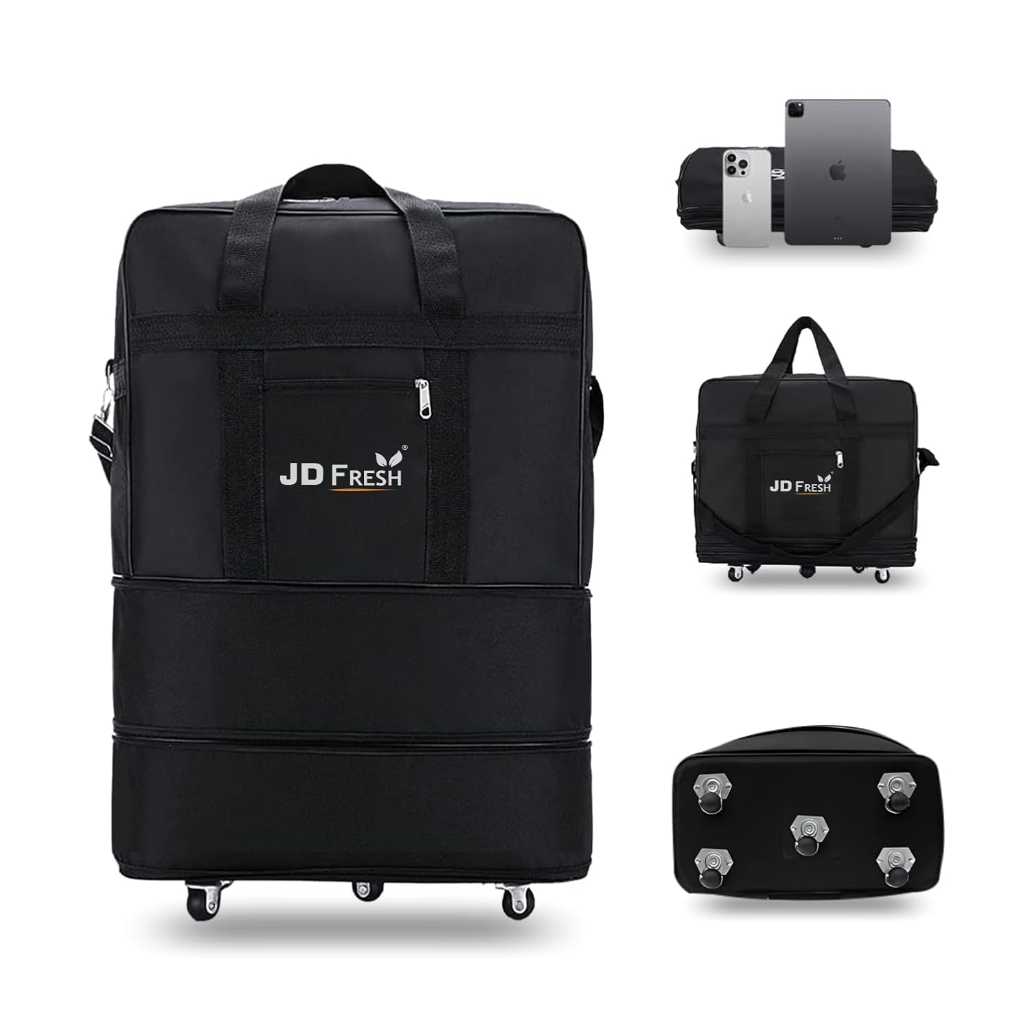 JD FRESH 2 Layer Expandable Duffel Bag/76.5 cm Nylon Convertible Travel Luggage with Wheels/Waterproof Traveling Bag for Clothes/Foldable and Extendable Duffel Luggage for Men and Women – (Black) JD FRESH 2 Layer Expandable Duffel Bag/76.5 cm Nylon Convertible Travel Luggage with Wheels/Waterproof Traveling Bag for Clothes/Foldable and Extendable Duffel Luggage for Men and Women – (Black)