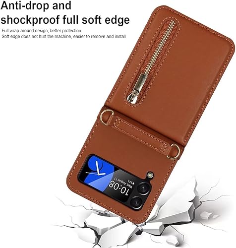 Miniatura 7 de XIMAND Funda de lujo con cremallera para Samsung Galaxy Z Flip 3, con función atril, tarjetero ajustable, correa cruzada ajustable, funda con tapa a
