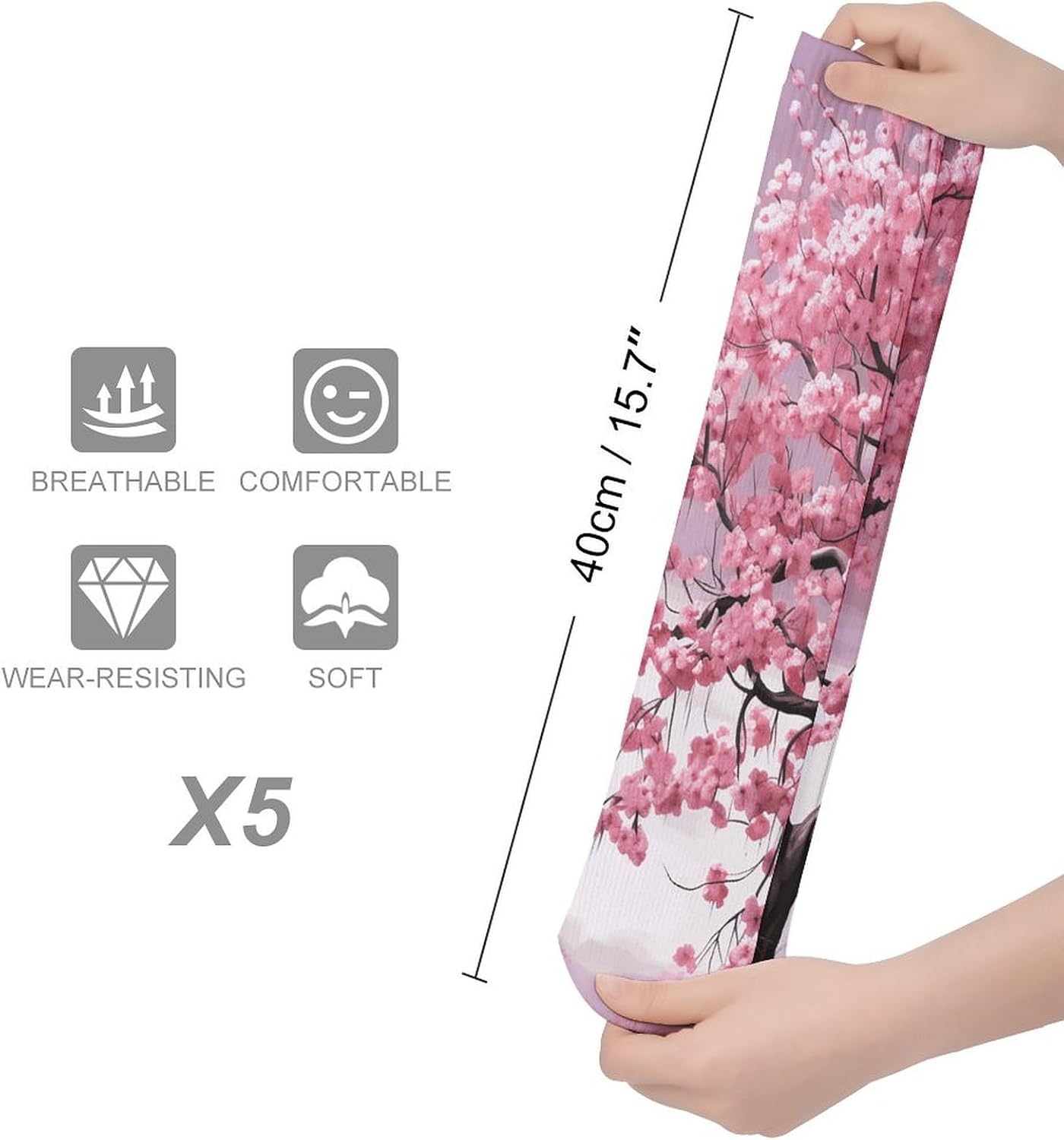 5-Pack Knee High Socks, 15.7 Inch Breathable Casual Socks Flower Tree Stockings for Men Women