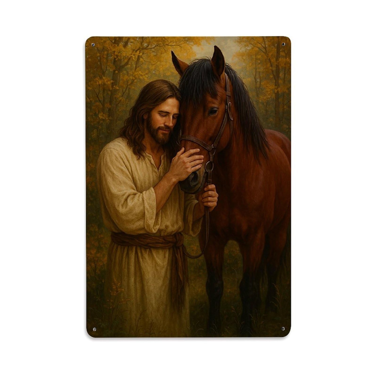 Jdfenggu Vintage Jesus Touching Horse Gently Retro Metal Tin Sign, Metal Poster For Bar, Home, Man Cave, Kitchen, Laundry Room Art Decor 8X12 Inch