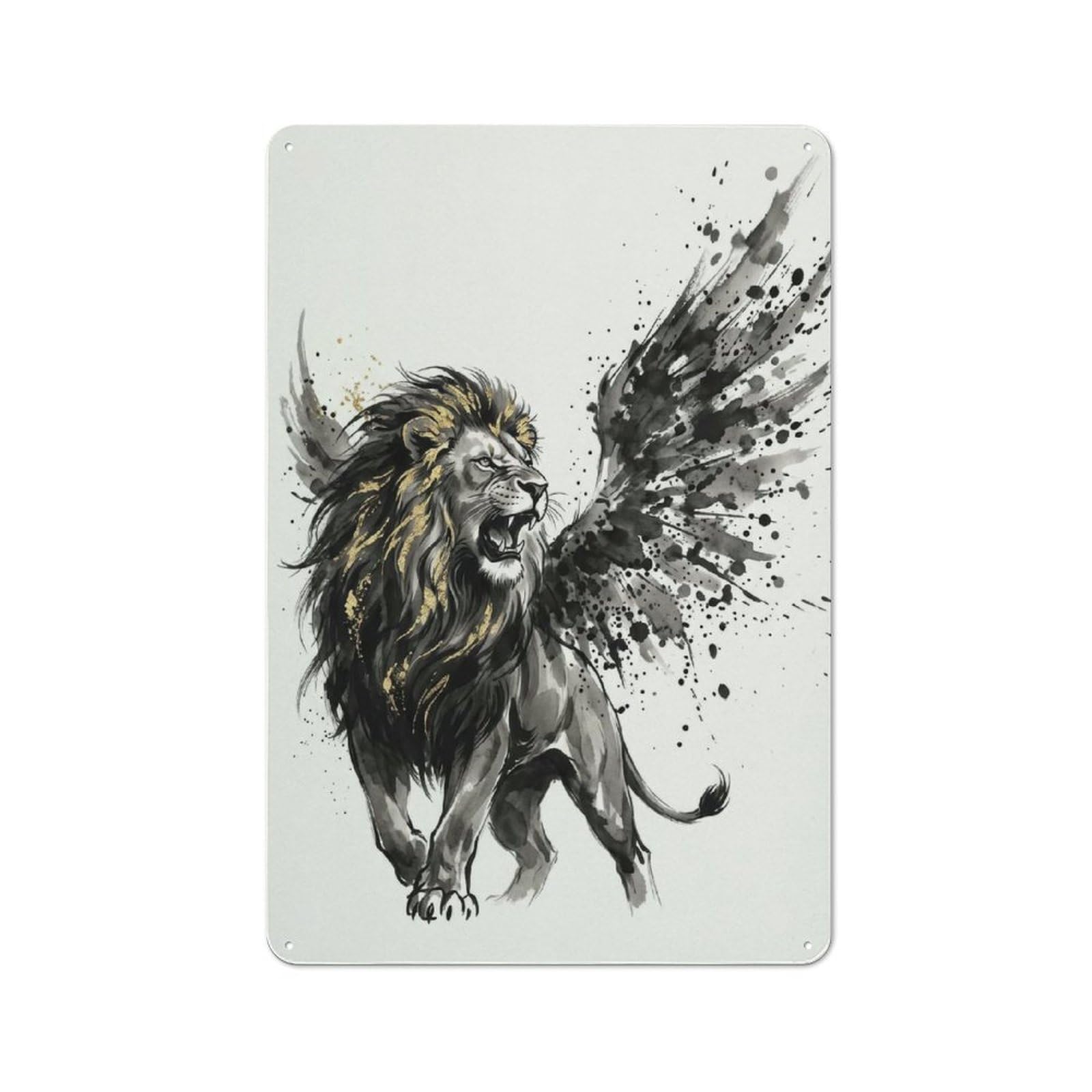 Junmoney Style-8 For Hobby Room Or Studio, Winged Lion With Gold Accents Retro Metal Sign 30X20cm, A Decorative Gift For A Newly Furnished Hobby Room And Studio