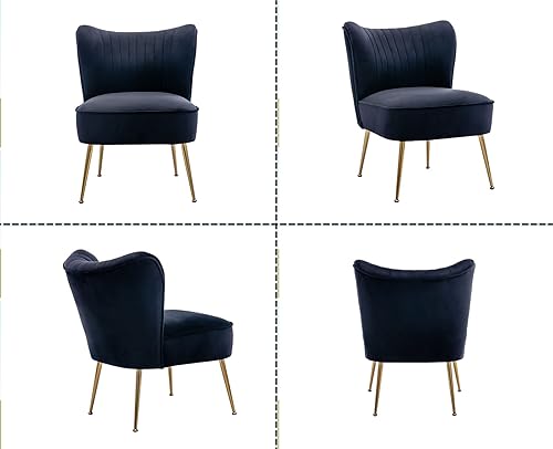 Miniatura 6 de Juego de 2 sillas decorativas de terciopelo modernas tapizadas con patas doradas, cómodas sillas laterales sin brazos con respaldo de ala, sillas