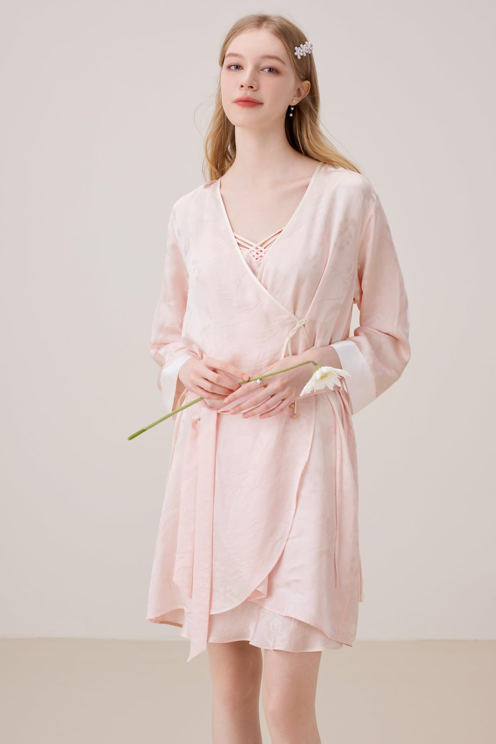 Bata de seda de morera 100%, conjunto de bata de encaje de seda en color rosa ostra de manga larga para mujer