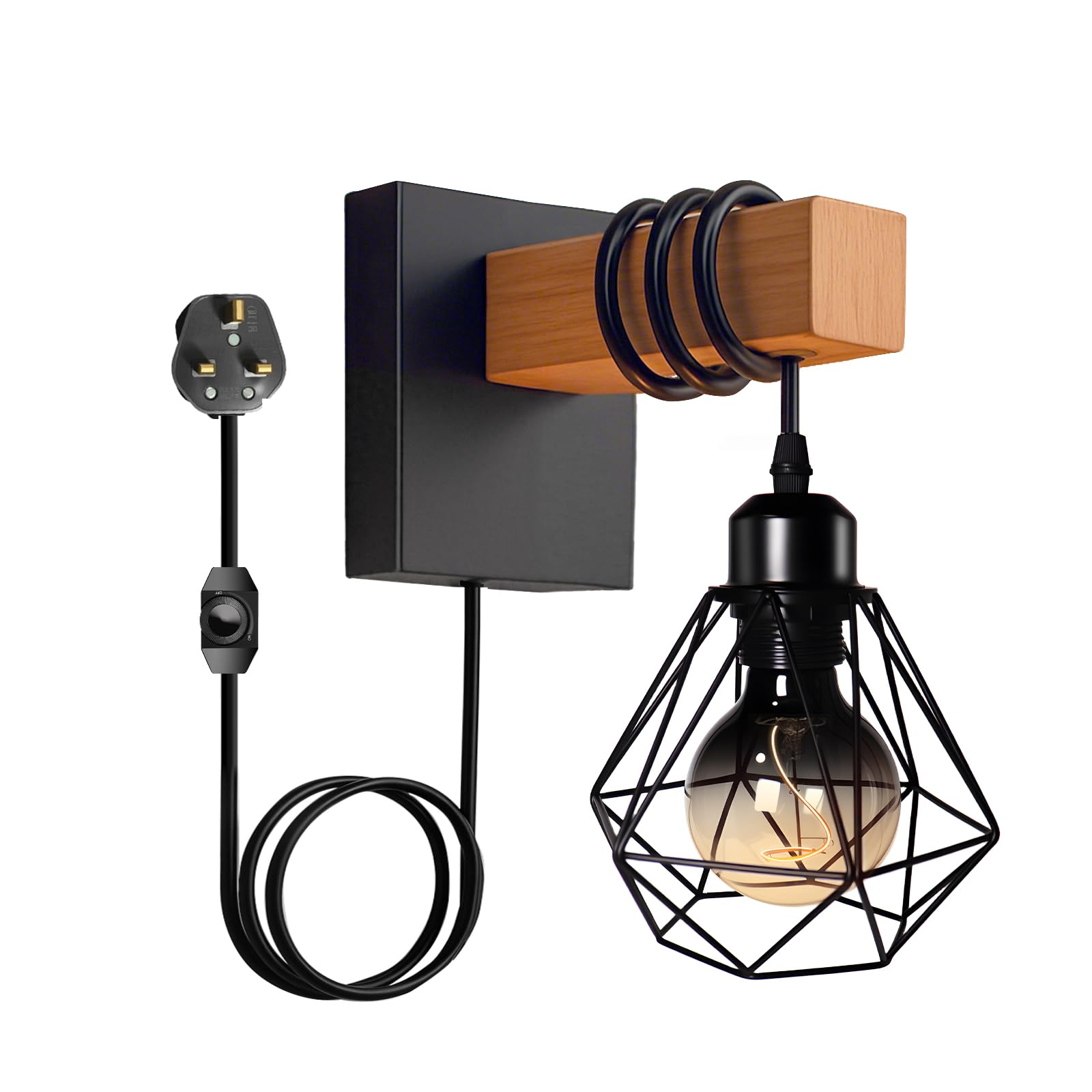 louawieng Plug in Wall Light, Dimmable Industrial Wood Wall Lamp, Black Wall Sconce with Switch Cord E27 Socket