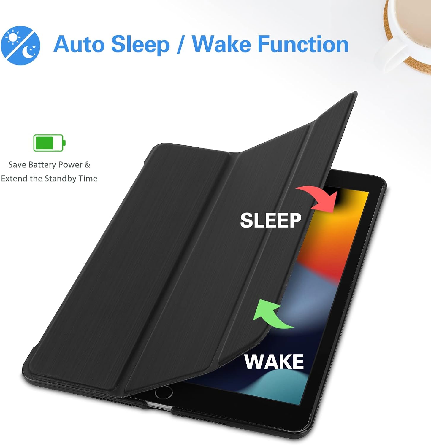 ProCase Smart Cover demonstrating the Auto Sleep/Wake function, with the cover opening to wake the iPad and closing to put it to sleep.