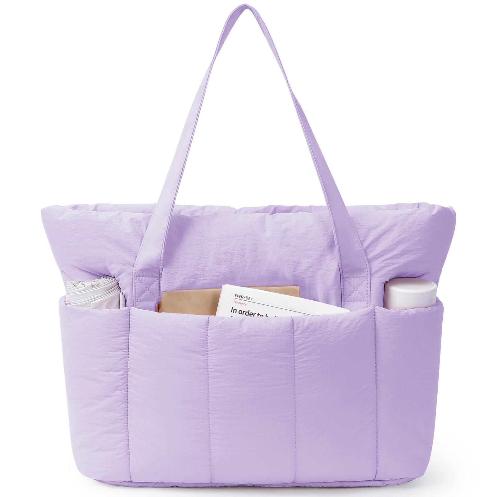Narwey Bolso Tote Mujer Acolchado Grande, Puffer Tote Bag de Trabajo y Deporte con Cremallera y Compartimentos para Portátil, Bolso de Mano y Hombro Ligero para Escuela, Universidad y Viaje (Violeta)
