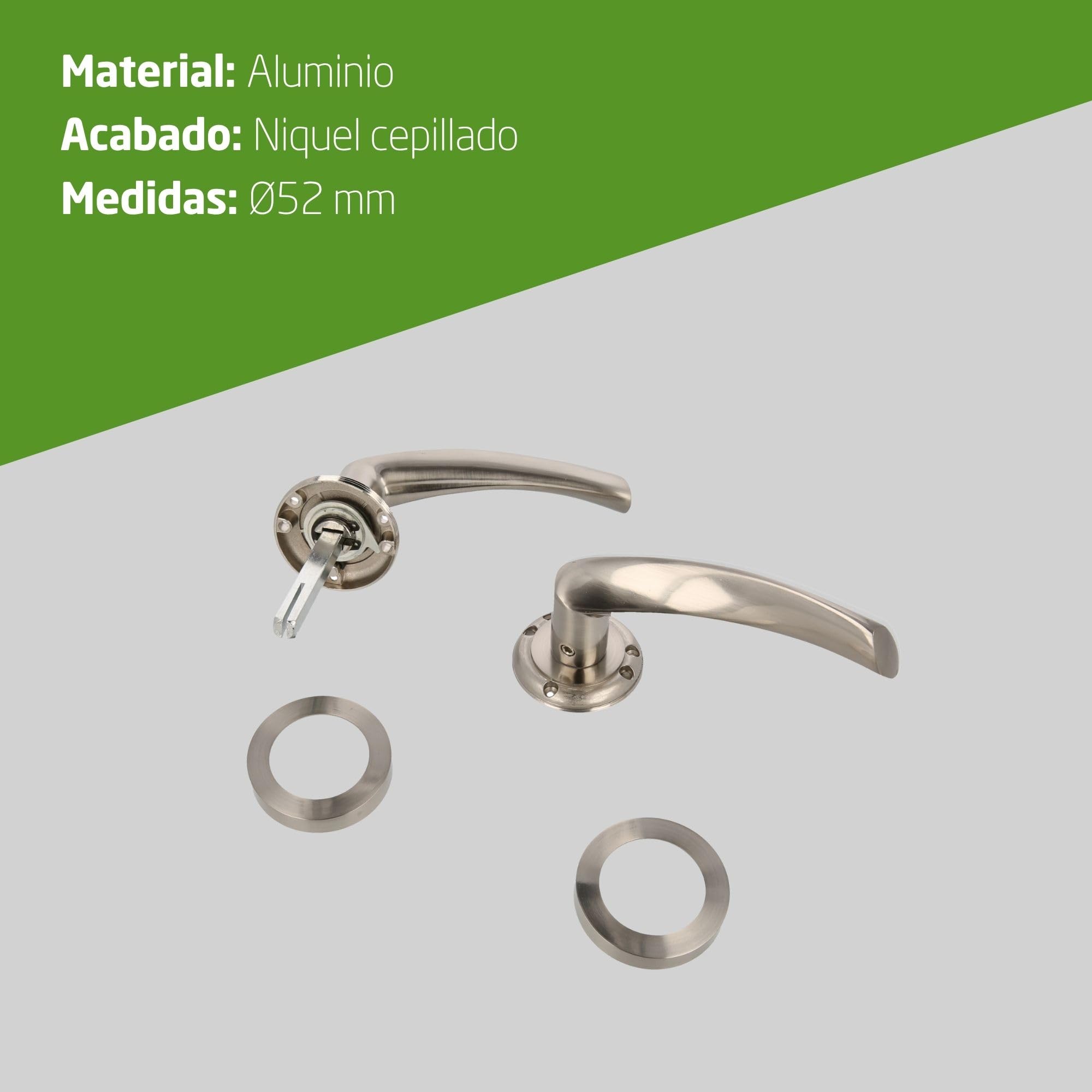 Amig - Pack de 4 Manillas con Roseta de Zamak para Puertas, Mod. ISHI RX, 52 mm, Cuadradillo de 8 mm, Diseño Elegante y Sencillo, Aluminio Níquel Cepillado
